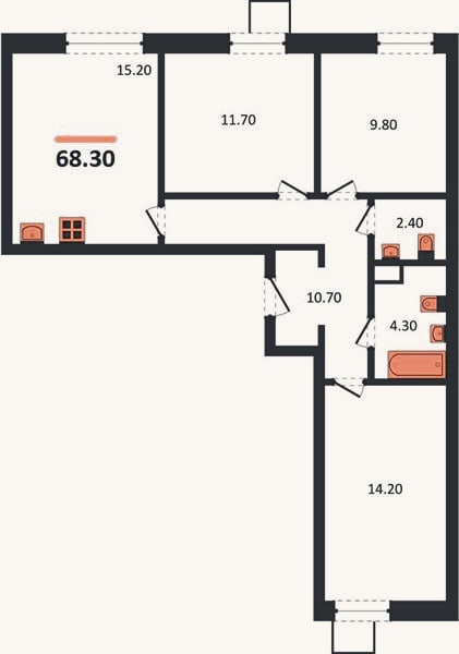 Планировка: 3-к, 68,3 м²