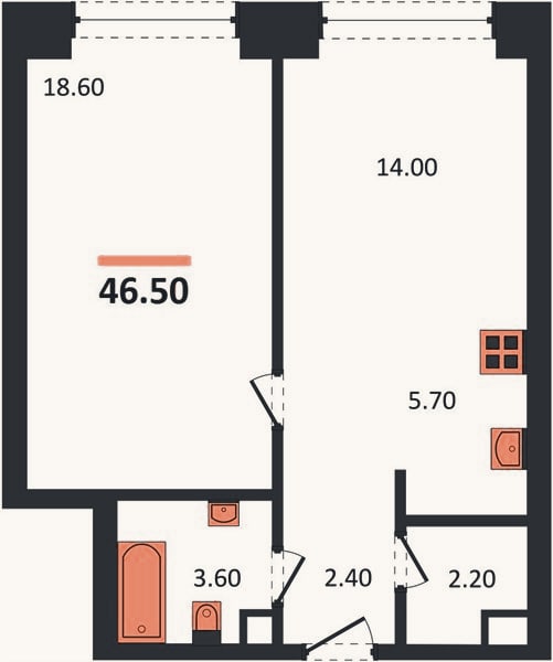 Планировка: 1-к, 46,5 м²