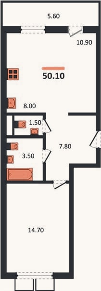 Планировка: 1-к, 50,1 м²