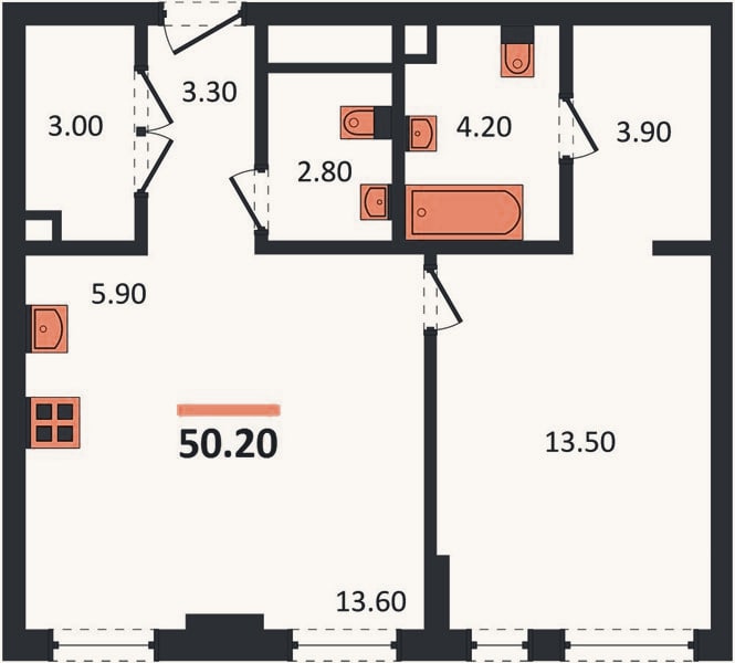 Планировка: 1-к, 50,2 м²