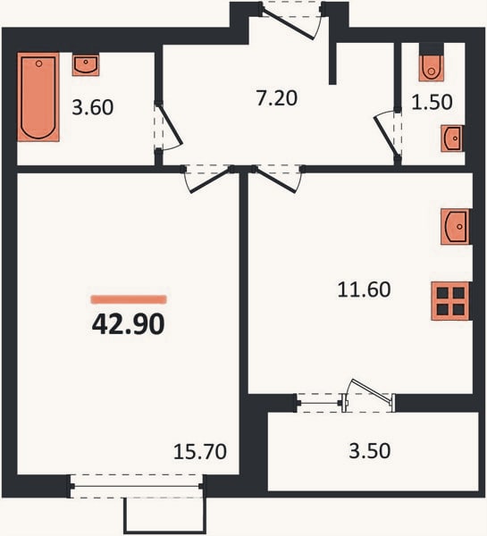 Планировка: 1-к, 42,4 м²