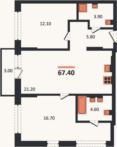 Планировка: 2-к, 67,4 м²