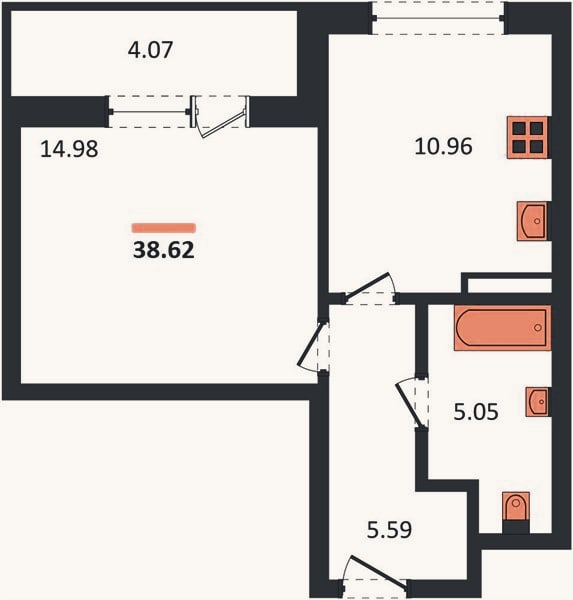 Планировка: 1-к, 38,6 м²