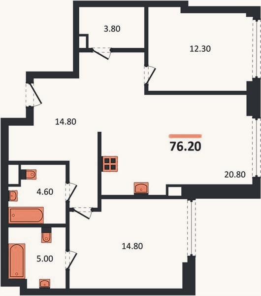 Планировка: 2-к, 76,2 м²