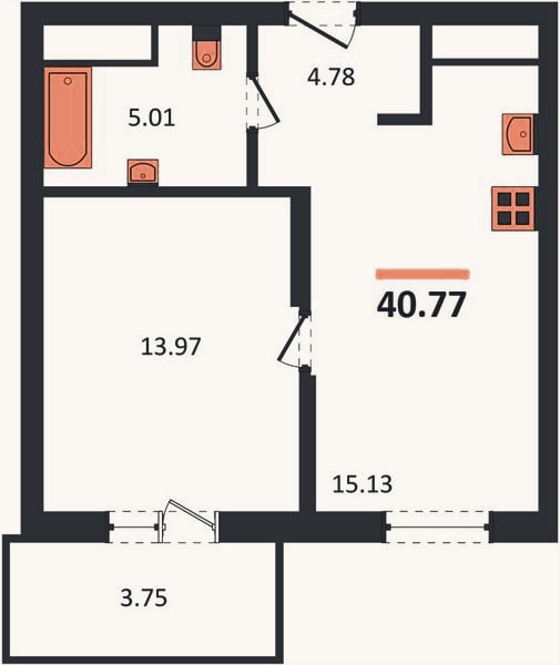 Планировка: 1-к, 40,8 м²