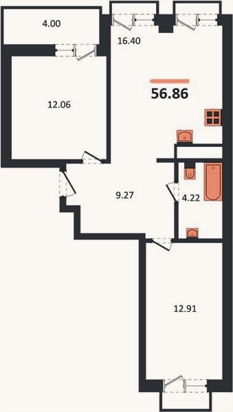 Планировка: 2-к, 56,9 м²