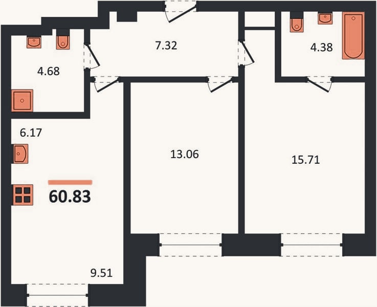 Планировка: 2-к, 60,8 м²