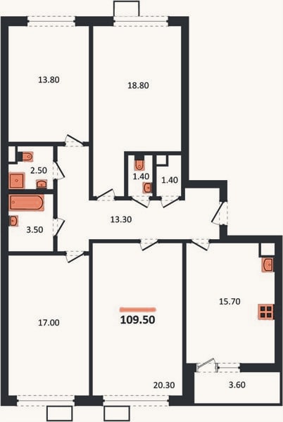 Планировка: 4+ к, 109,5 м²