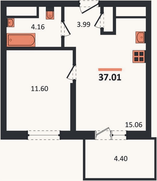 Планировка: 1-к, 37 м²
