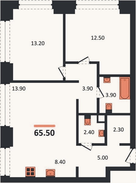 Планировка: 2-к, 65,5 м²