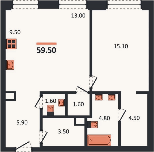 Планировка: 1-к, 59,5 м²