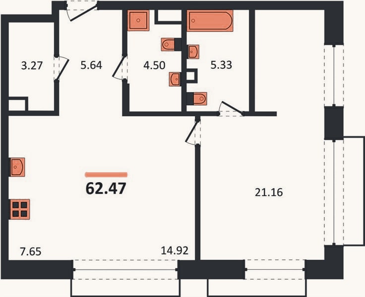 Планировка: 1-к, 62,5 м²