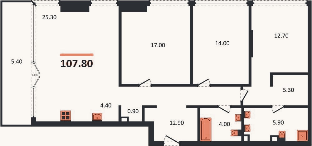 Планировка: 3-к, 107,8 м²