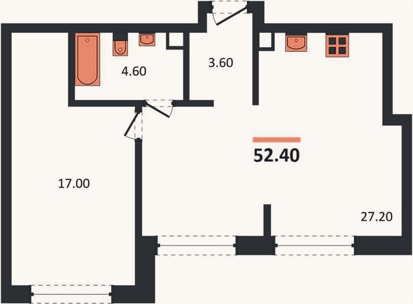 Планировка: 1-к, 52,4 м²