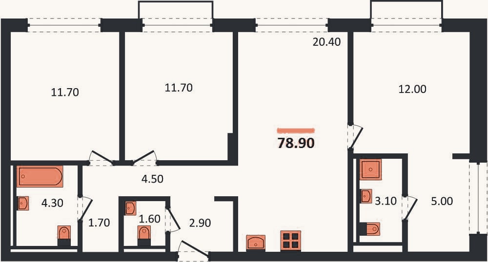 Планировка: 3-к, 78,9 м²