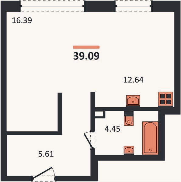 Планировка: Студия, 39,1 м²