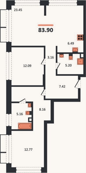 Планировка: 2-к, 83,9 м²