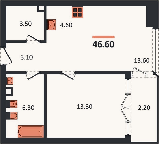 Планировка: 1-к, 46,6 м²