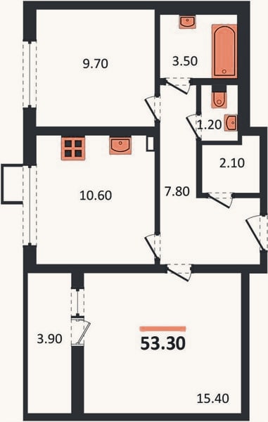 Планировка: 2-к, 53,3 м²