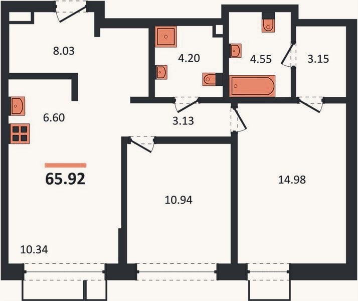 Планировка: 2-к, 65,9 м²
