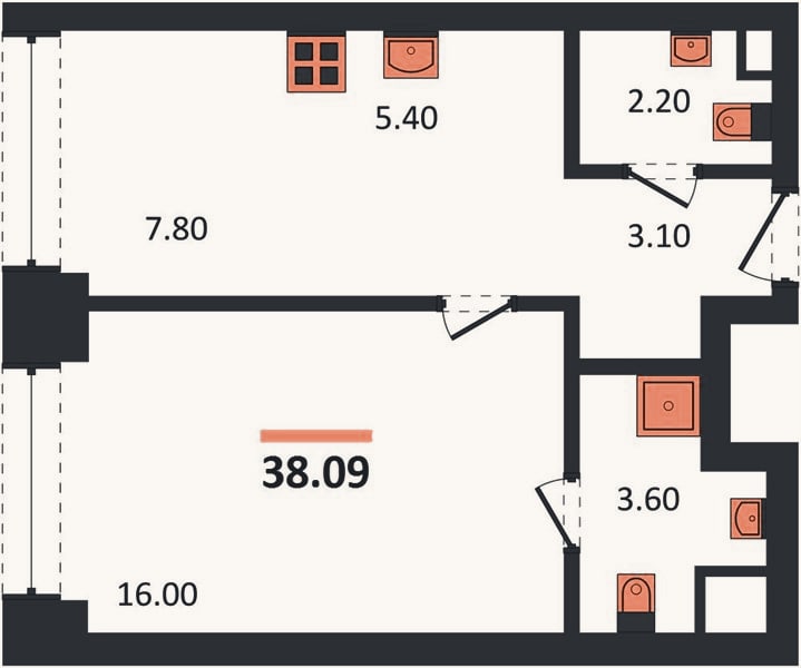 Планировка: 1-к, 38,1 м²