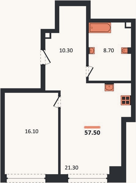 Планировка: 1-к, 57,5 м²