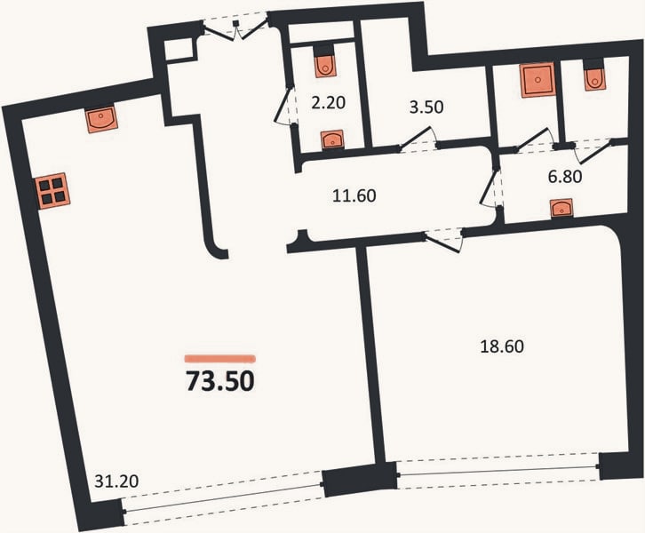 Планировка: 1-к, 73,5 м²