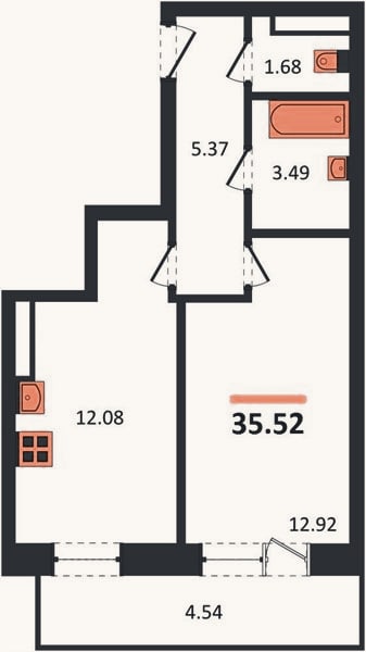 Планировка: 1-к, 35,5 м²