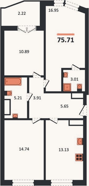 Планировка: 3-к, 75,7 м²