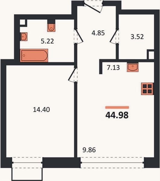 Планировка: 1-к, 45 м²