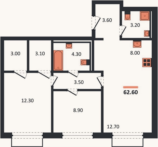 Планировка: 2-к, 62,6 м²