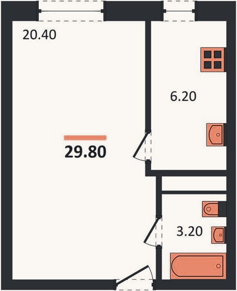 Планировка: 1-к, 29,8 м²