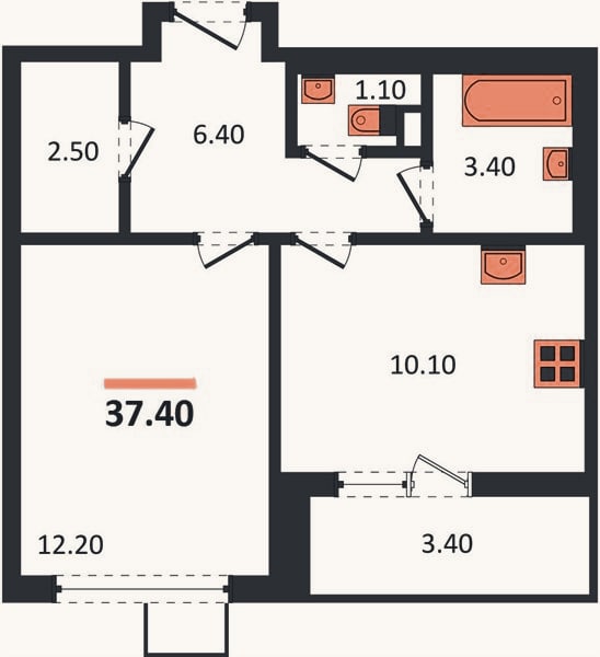 Планировка: 1-к, 37,4 м²