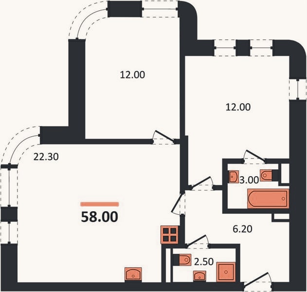 Планировка: 2-к, 58 м²