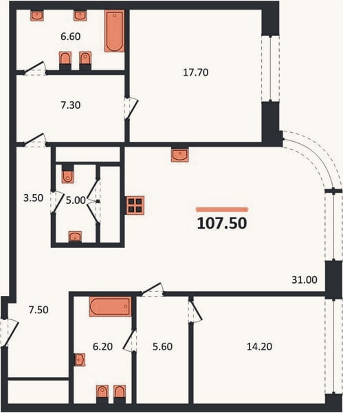 Планировка: 2-к, 107,5 м²
