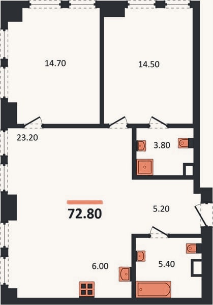 Планировка: 2-к, 72,8 м²