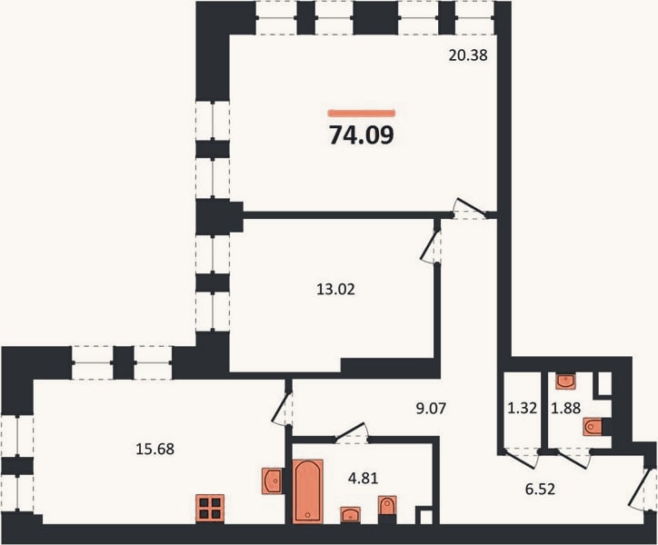 Планировка: 2-к, 74,1 м²