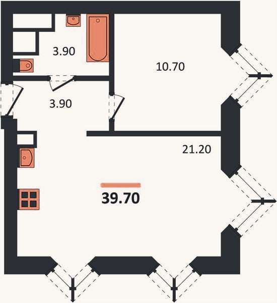 Планировка: 1-к, 39,7 м²