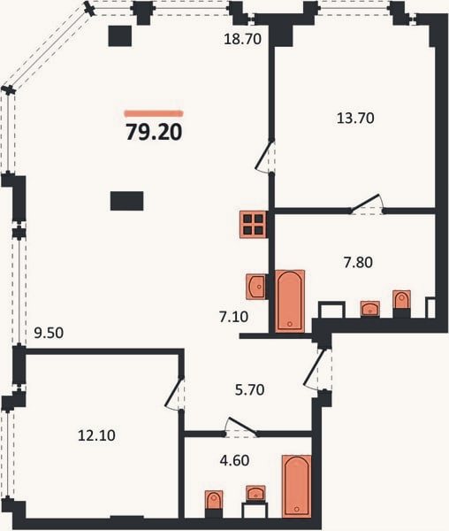 Планировка: 2-к, 79,2 м²