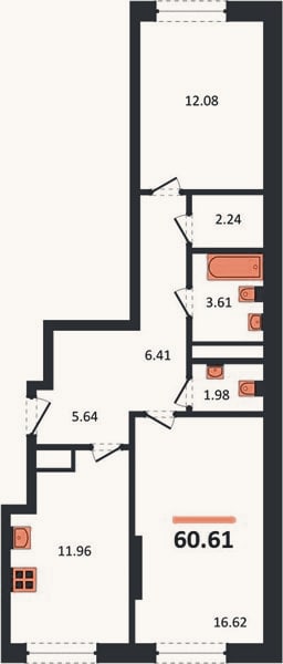 Планировка: 2-к, 60,6 м²