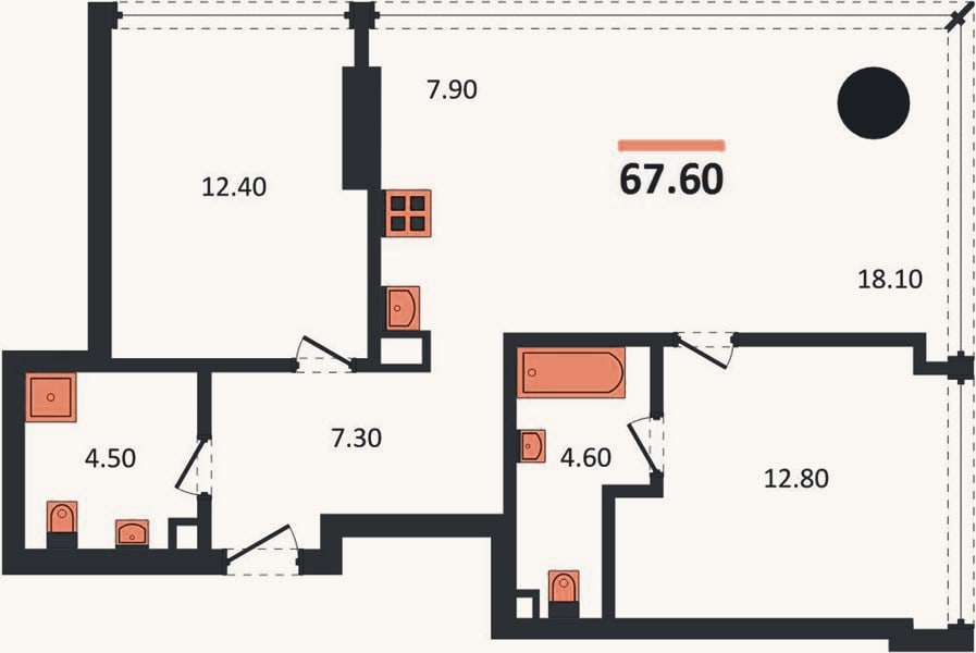 Планировка: 2-к, 67,6 м²