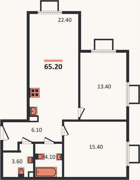 Планировка: 2-к, 65,2 м²