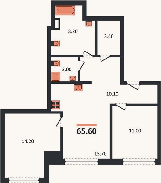 Планировка: 2-к, 65,6 м²