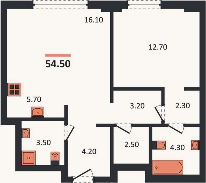 Планировка: 1-к, 54,5 м²