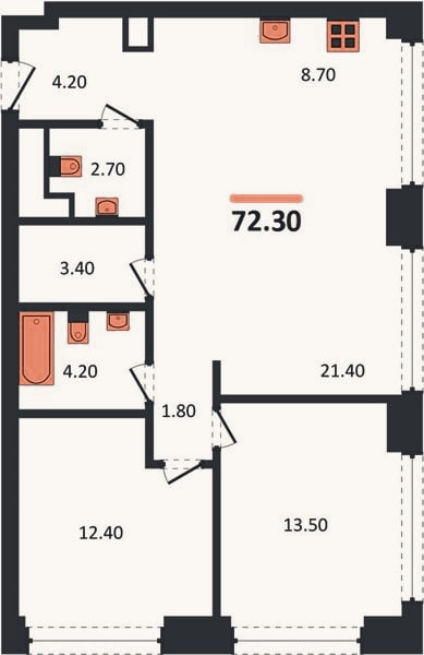 Планировка: 2-к, 72,3 м²