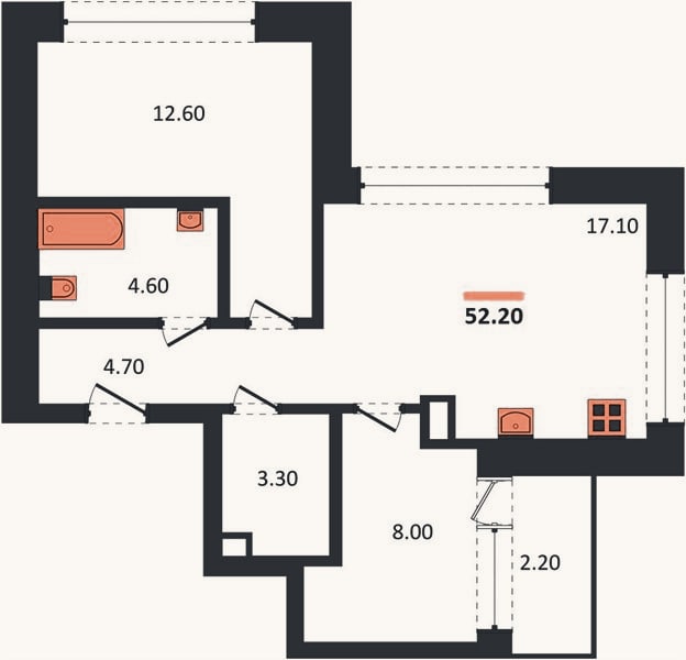 Планировка: 2-к, 52,2 м²
