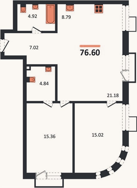 Планировка: 2-к, 76,6 м²