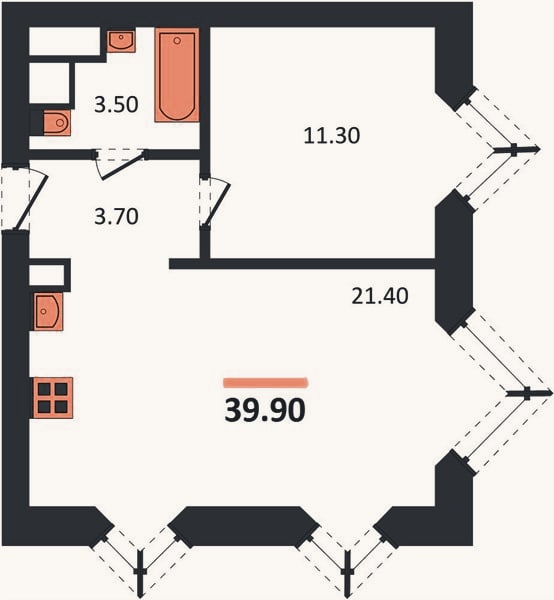 Планировка: 1-к, 39,9 м²