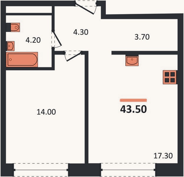 Планировка: 1-к, 43,5 м²