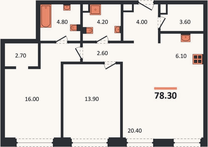 Планировка: 2-к, 78,3 м²
